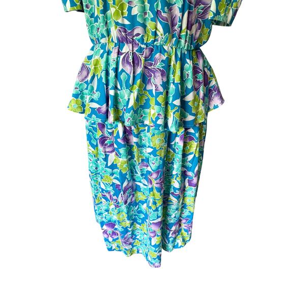 Vintage 80’s Diversity Blue Purple Floral Puff Sleeve Peplum Skirt Set Med Large - Picture 4 of 9